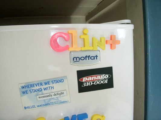 Close-up shot of the upper right corner of a refrigerator. Above the logo which reads 